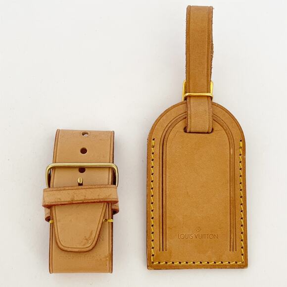 LOUIS VUITTON Brown Luggage Name Tag with Poignet Strap Set Vachetta Leather - Picture 1 of 9